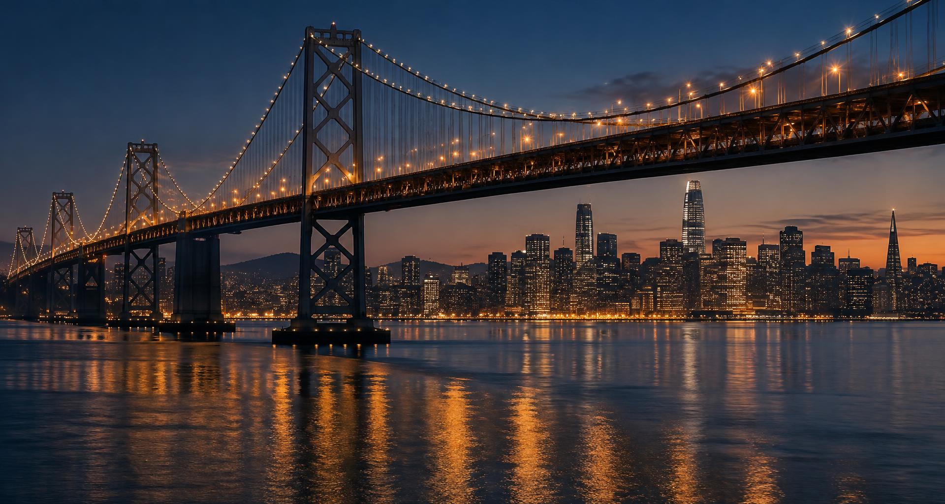 The San Francisco–Oakland Bay Bridge at dusk